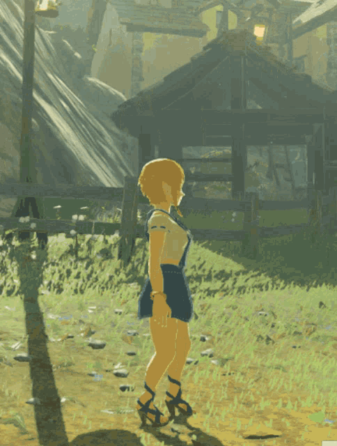 a video game character is standing on a wooden fence in a field