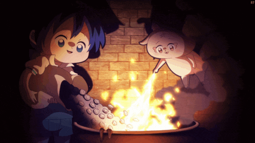 a cartoon drawing of a boy and a cat in front of a fire with the number 87 at the bottom