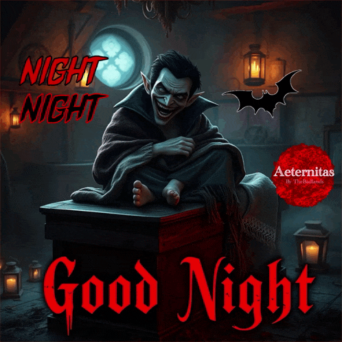 a picture of a vampire sitting on a box with the words night night and good night