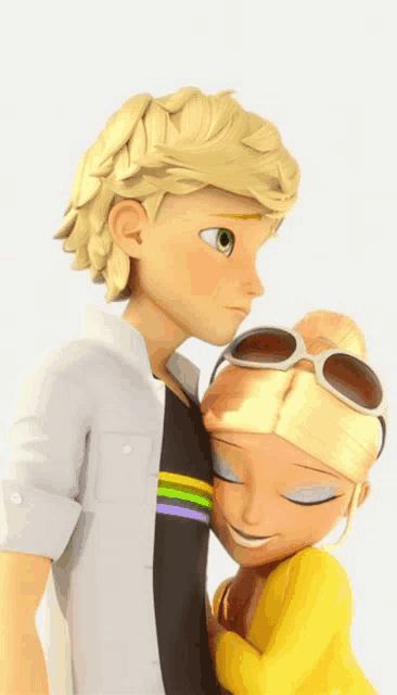 a boy and a girl are hugging each other with their eyes closed