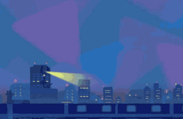 a pixel art of a city at night with a light shining on a building