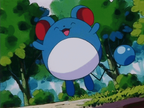 a blue and white cartoon character with a balloon in its hand