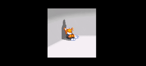 a pixel art of tails from sonic the hedgehog sitting in a corner of a room .