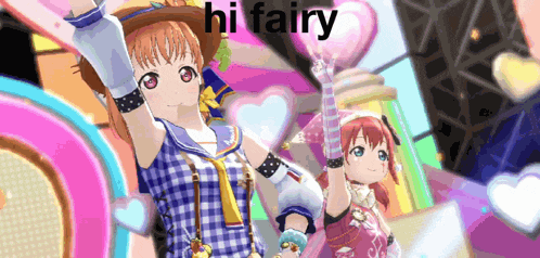 a couple of anime girls standing next to each other with the words hi fairy behind them