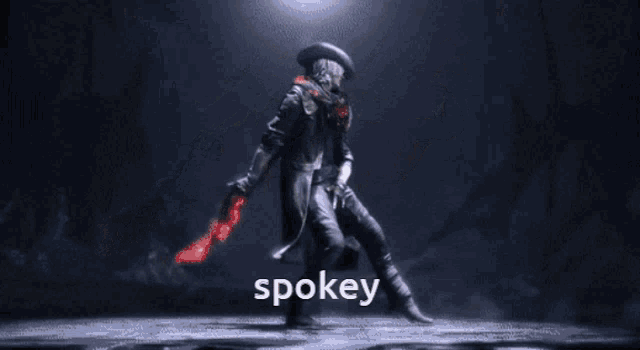 a man in a cowboy hat is holding a gun and the word spokey is on the bottom right