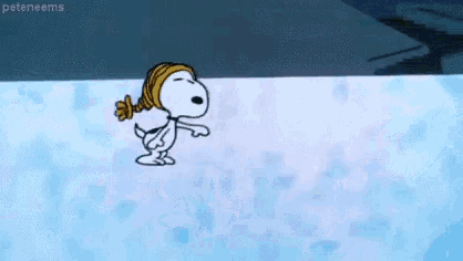 a cartoon of snoopy standing in a pool with a slinky around his neck .