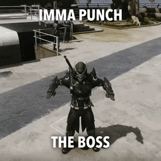 a video game character is standing on a sidewalk with the words `` imma punch the boss '' written above him .