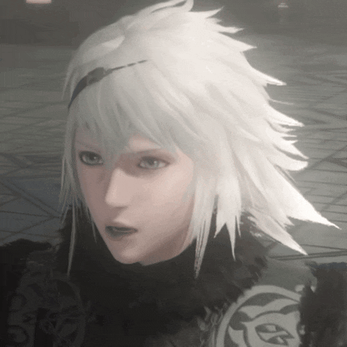 a close up of a woman 's face with white hair and a black jacket