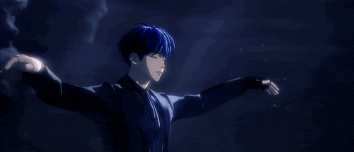 a man with blue hair is wearing a black jacket and tie