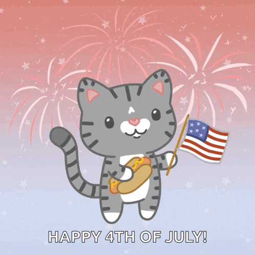 a cat holding an american flag and a hot dog with the words happy 4th of july