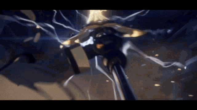 a close up of a person holding a sword with lightning behind them