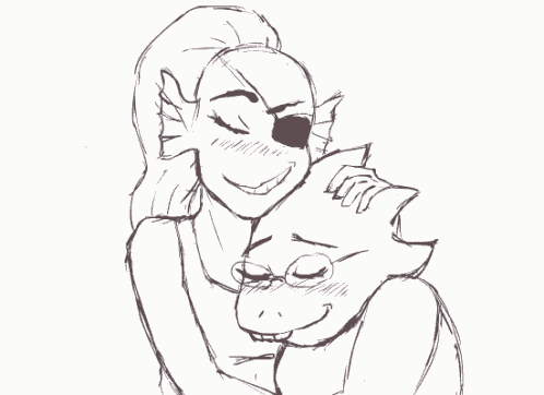a black and white drawing of a woman kissing a monster .