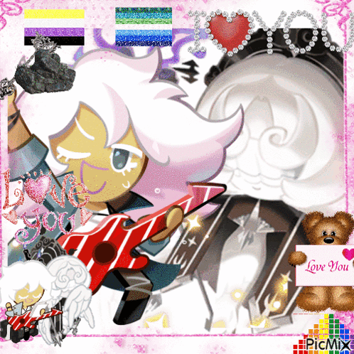 a picture of a cookie with a guitar and a sign that says love you