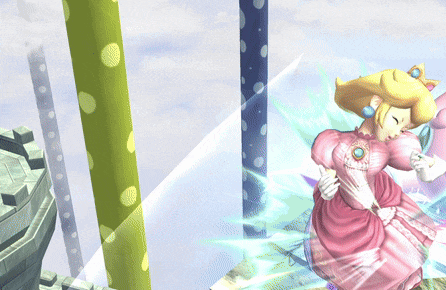a video game character named princess peach is standing in front of a cloudy sky