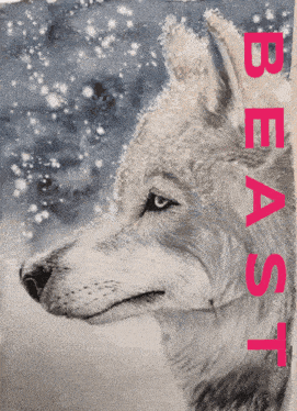 a painting of a wolf with the word beast in red letters