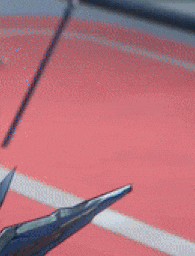 a person is standing on a red surface holding a sword .