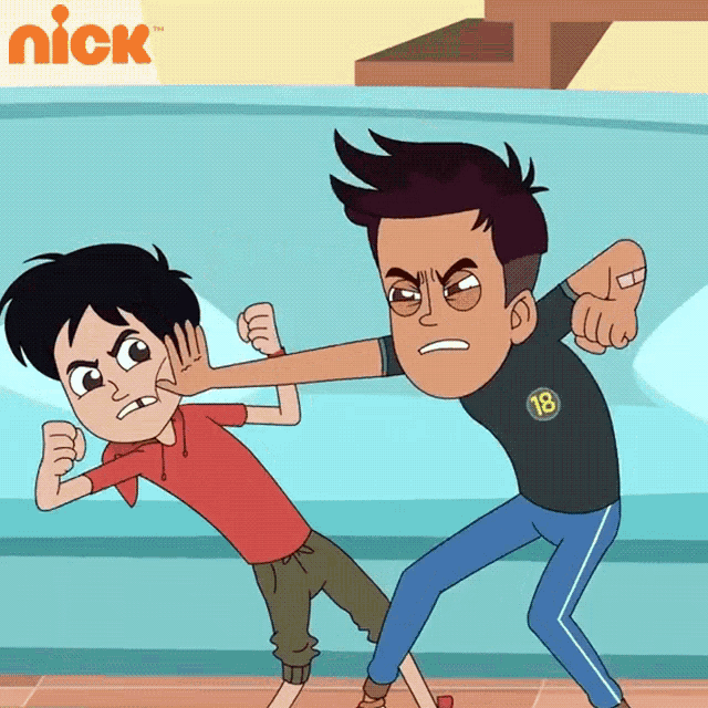 a cartoon of two boys fighting with the nick logo behind them
