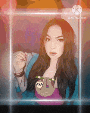 a drawing of a woman with a sloth hanging from her shoulder