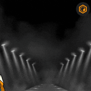 a cartoon of a man standing in front of a row of lights