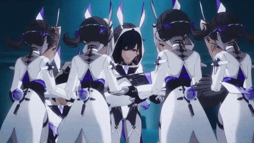 a group of anime characters in white and purple uniforms