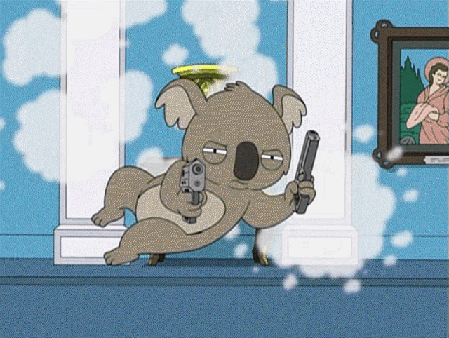 a cartoon koala is holding a gun in a room