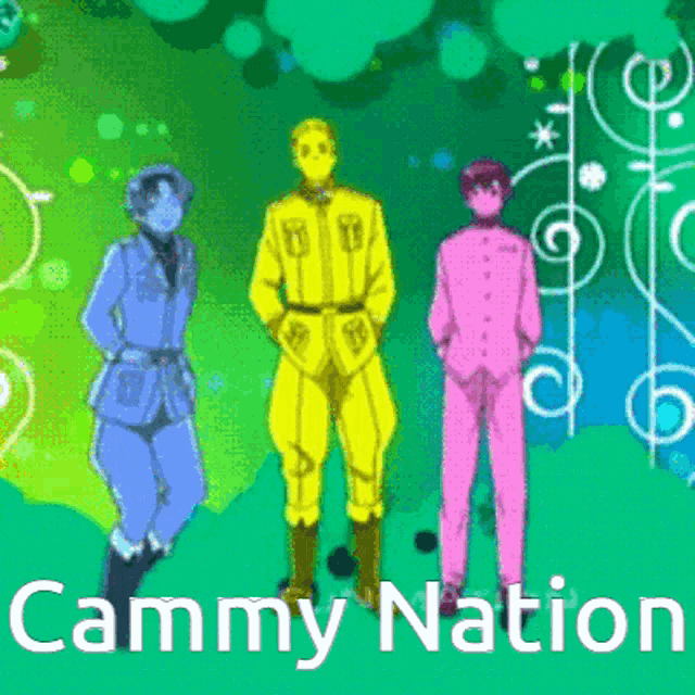 three cartoon characters are standing in front of a green background with cammy nation written below them