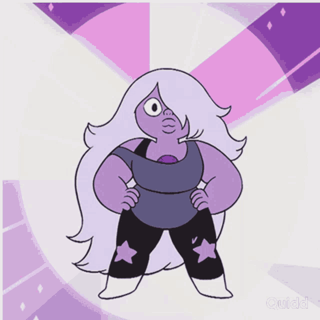 a cartoon character with purple hair is standing with her hands on her hips in front of a purple background