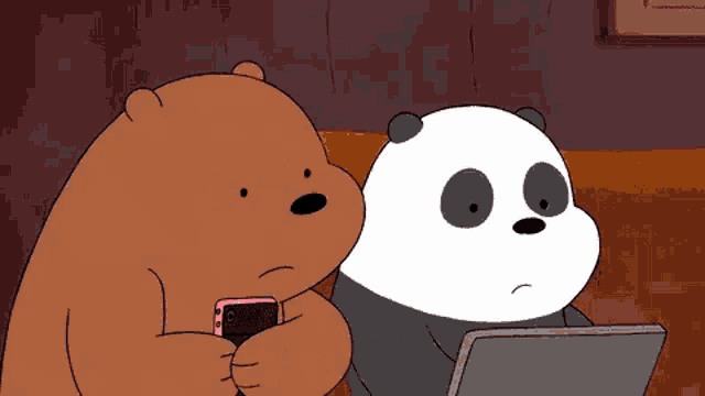 a cartoon bear is holding a cell phone next to a panda bear who is using a laptop