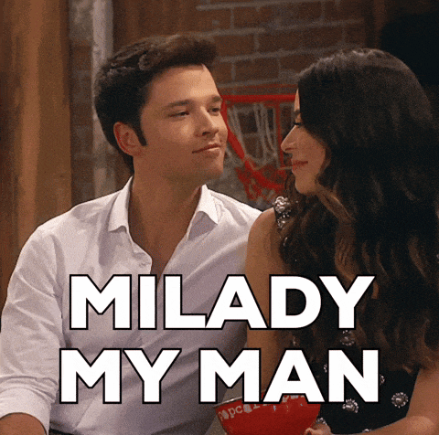 a man and a woman are looking at each other with the words milady my man below them
