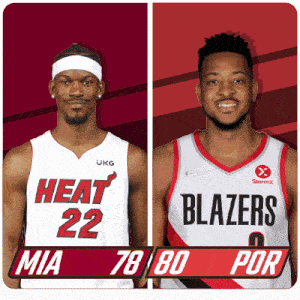 two basketball players from the heat and the blazers are standing next to each other