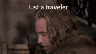 a man with long hair is laying down with the words just a traveler behind him