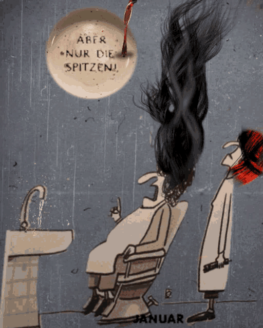 a cartoon of a man getting a haircut with the words aber nur die spitzen written above him