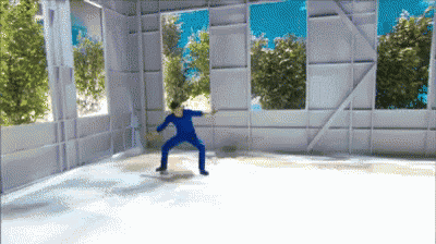 a man in a blue suit is dancing in a room with trees in the background
