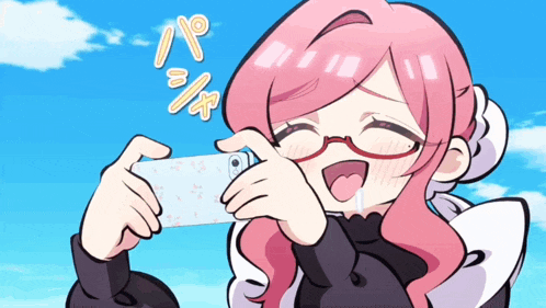 a girl with pink hair is taking a selfie