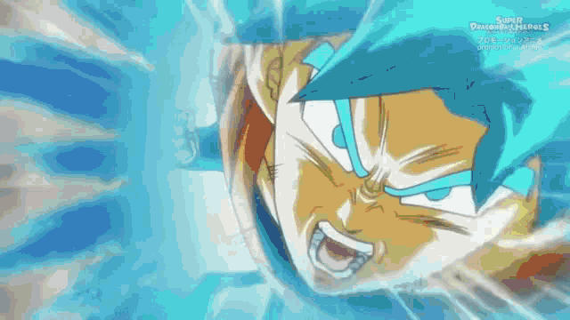 a close up of a person 's face with blue hair in a dragon ball super anime .