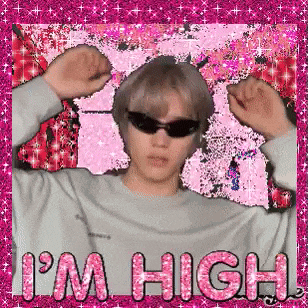 a man wearing sunglasses is standing in front of a pink background with the words `` i 'm high '' on it .