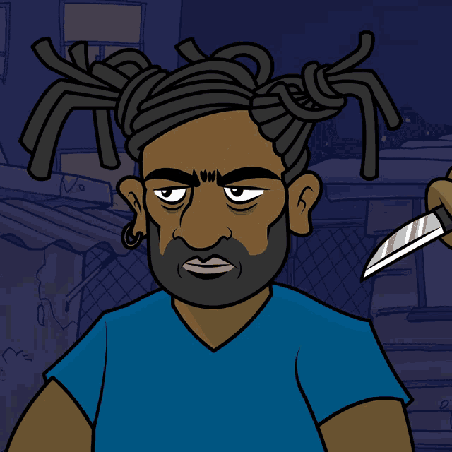 a cartoon man with dreadlocks is holding a knife