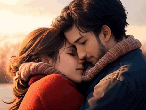 a man and a woman are hugging each other and the woman is wearing a red sweater