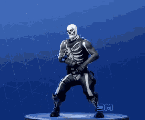 a skeleton is standing in front of a blue background with the letters dm below him