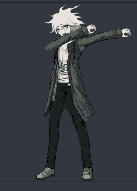 a cartoon character with a white hair and a green coat is doing a dab