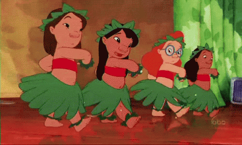 a group of cartoon characters are dancing in hula skirts .
