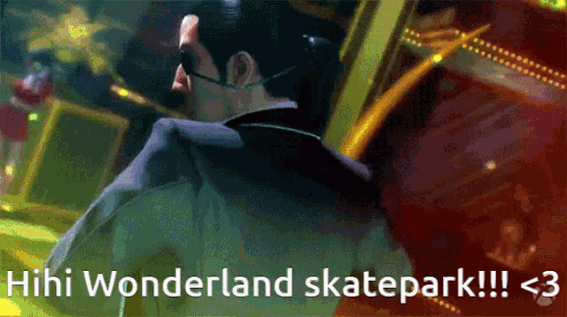 a man in a suit is standing in front of a sign that says ' hhh wonderland skatepark !! < 3 '