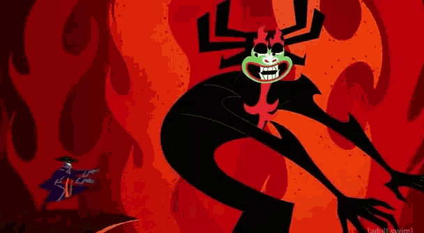 a cartoon character with a green face is standing in front of a red fire .