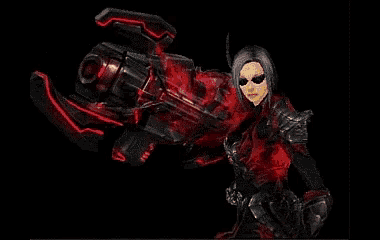 a video game character is holding a large red weapon and the words minesta 's art unleashed are below her