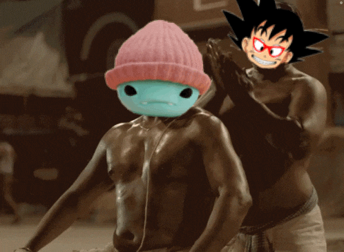 a man wearing a pink hat and a blue mask with a cartoon character behind him