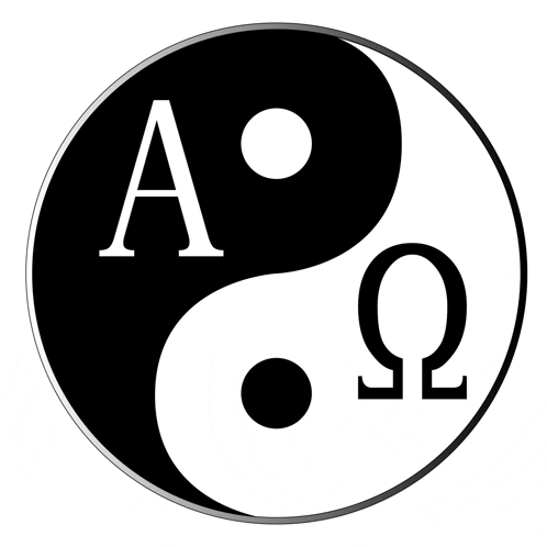 a black and white yin yang symbol with the letters a and o