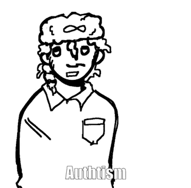 a black and white drawing of a man wearing a sweater and a hat with the word authism written on it .