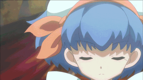 a girl with blue hair and a scarf around her head