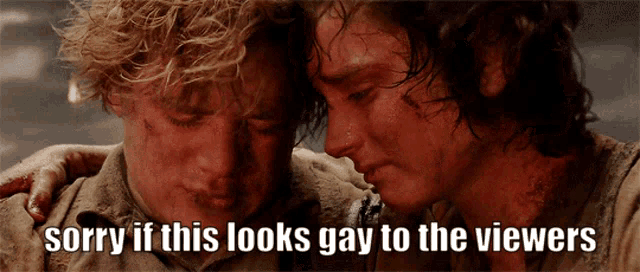 two men looking at each other with the words sorry if this looks gay to the viewers below them