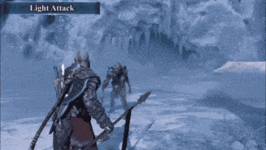 a video game character is holding a sword and shield in the snow .